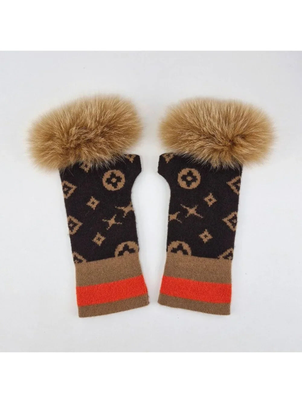 Mitchie's Matchings Monogram Brown Knit Fingerless Gloves Real Fur Trim